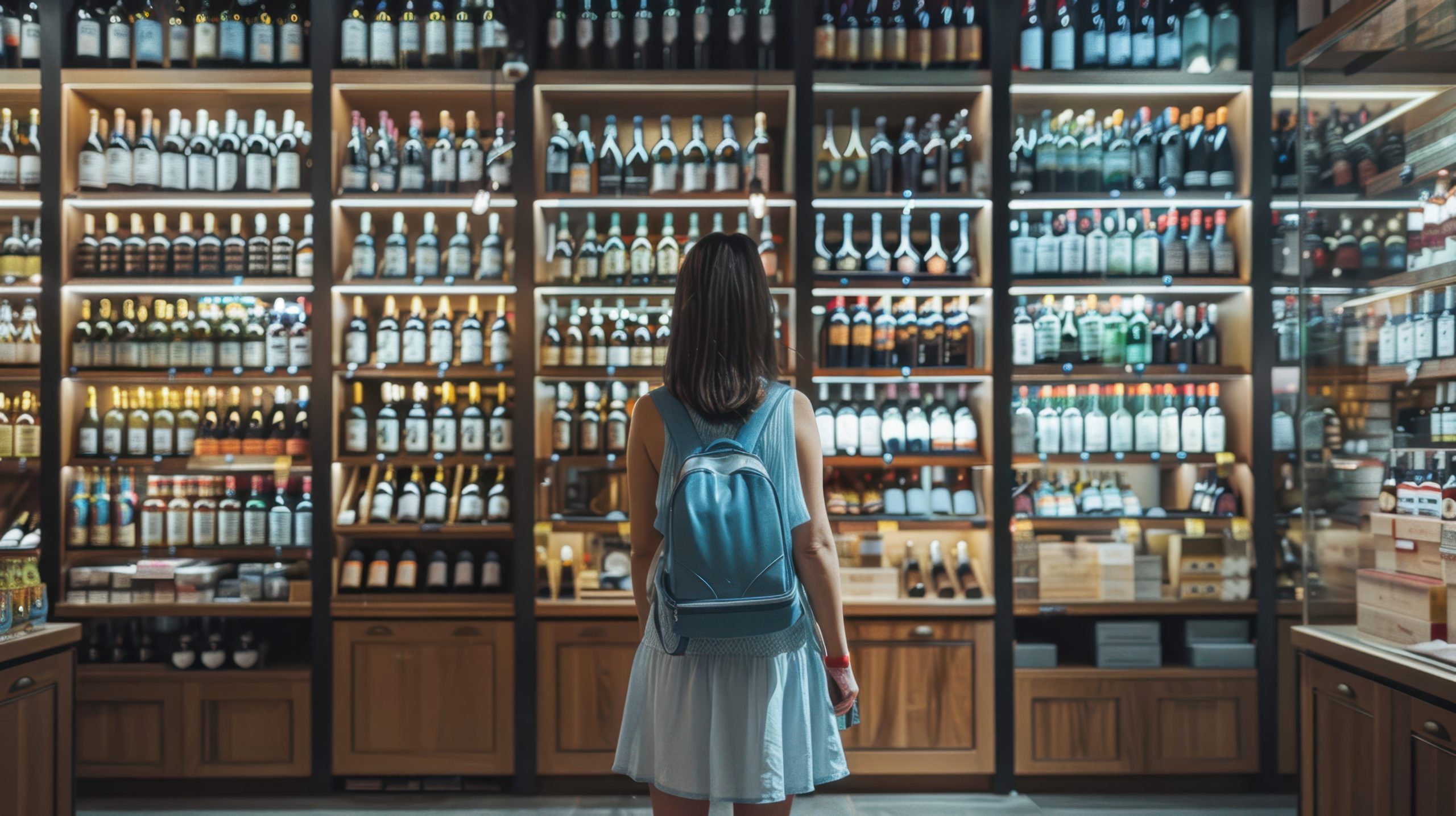 The woman in wine store Intérieur d'une boutique de vin avec des clients sélectionnant des bouteilles