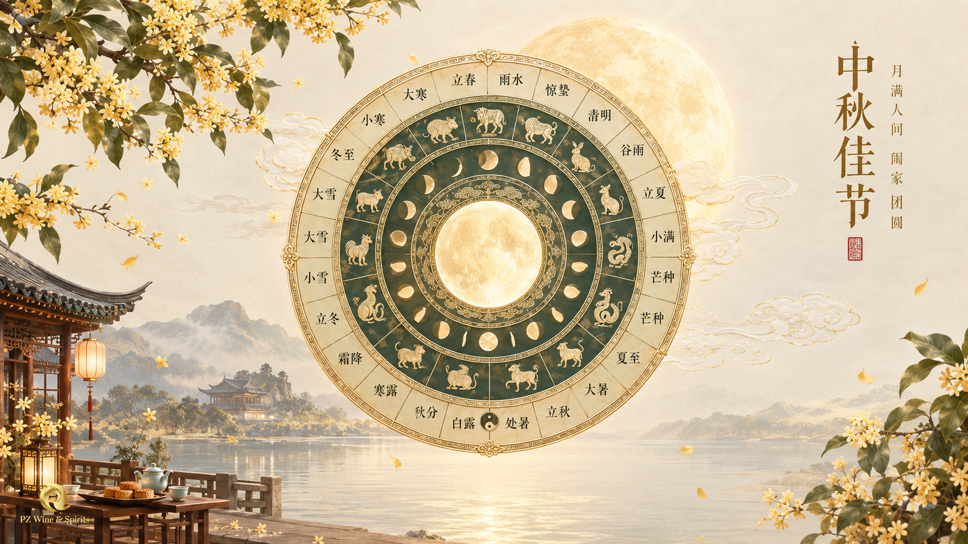 Fête de la Lune chinoise avec lune dorée, calendrier traditionnel chinois et motifs d’osmanthus
