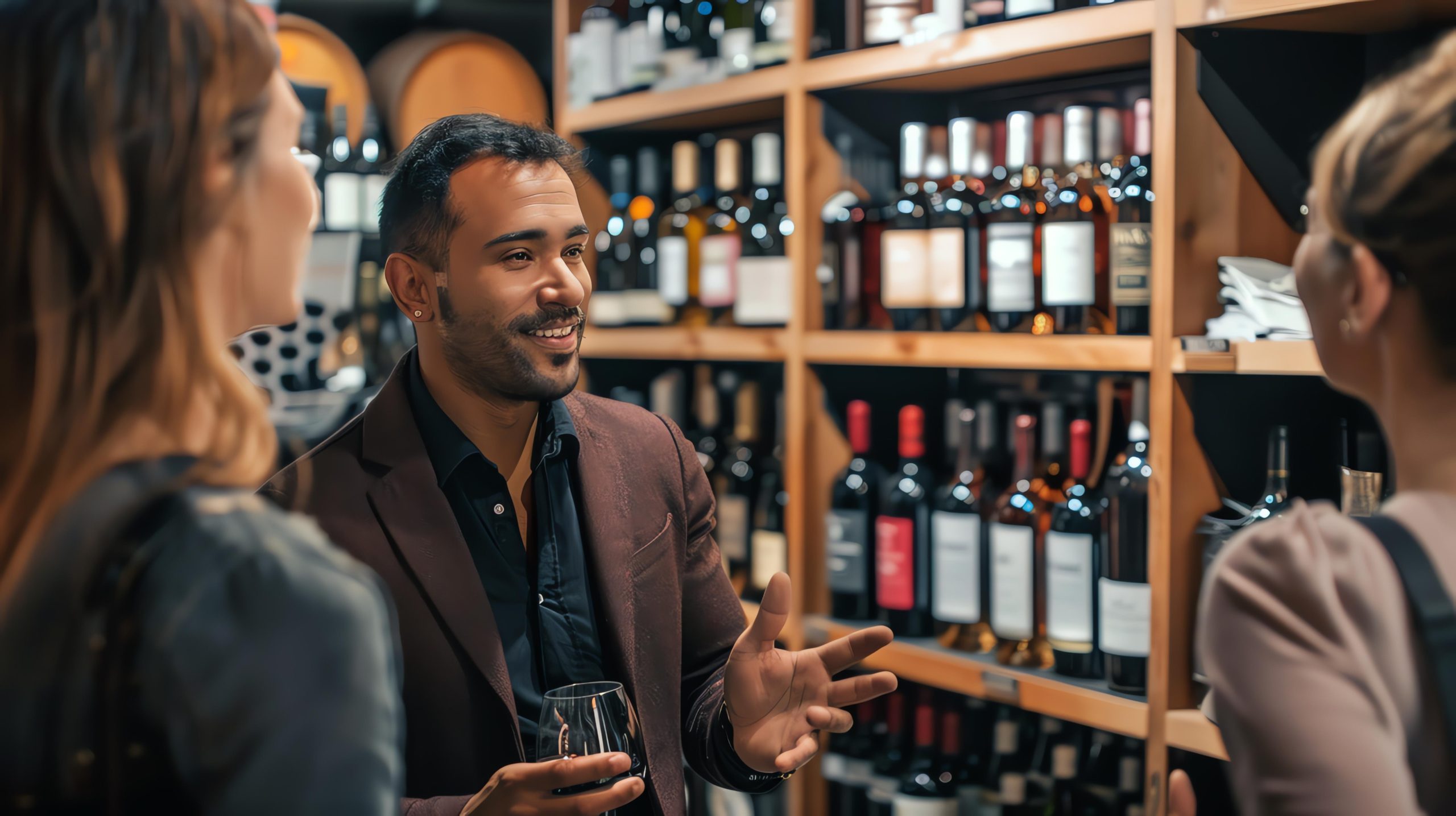Confident young man in suit talking to two women in a wine store. scène boutique vins et spiritueux avec client et vendeur en interaction