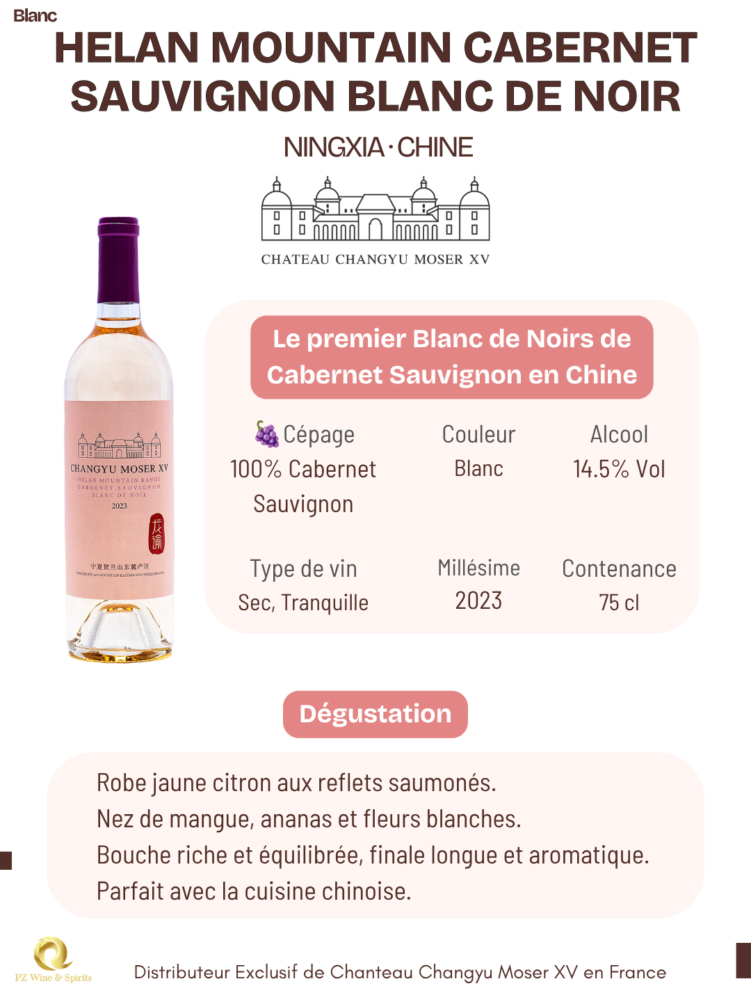 Fiche technique officielle du Helan Mountain Cabernet Sauvignon blanc de noir 2023 - Château Changyu Moser XV